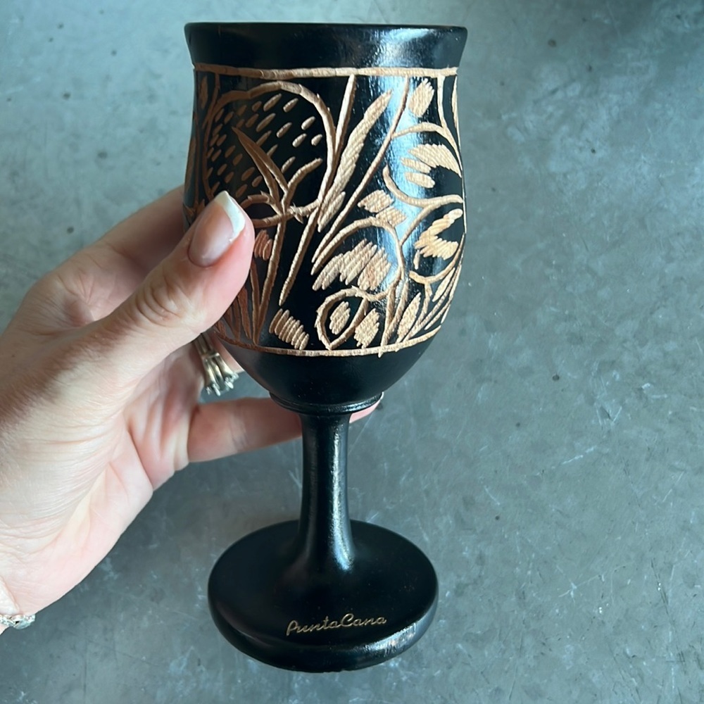 Wood hand carved wine glass